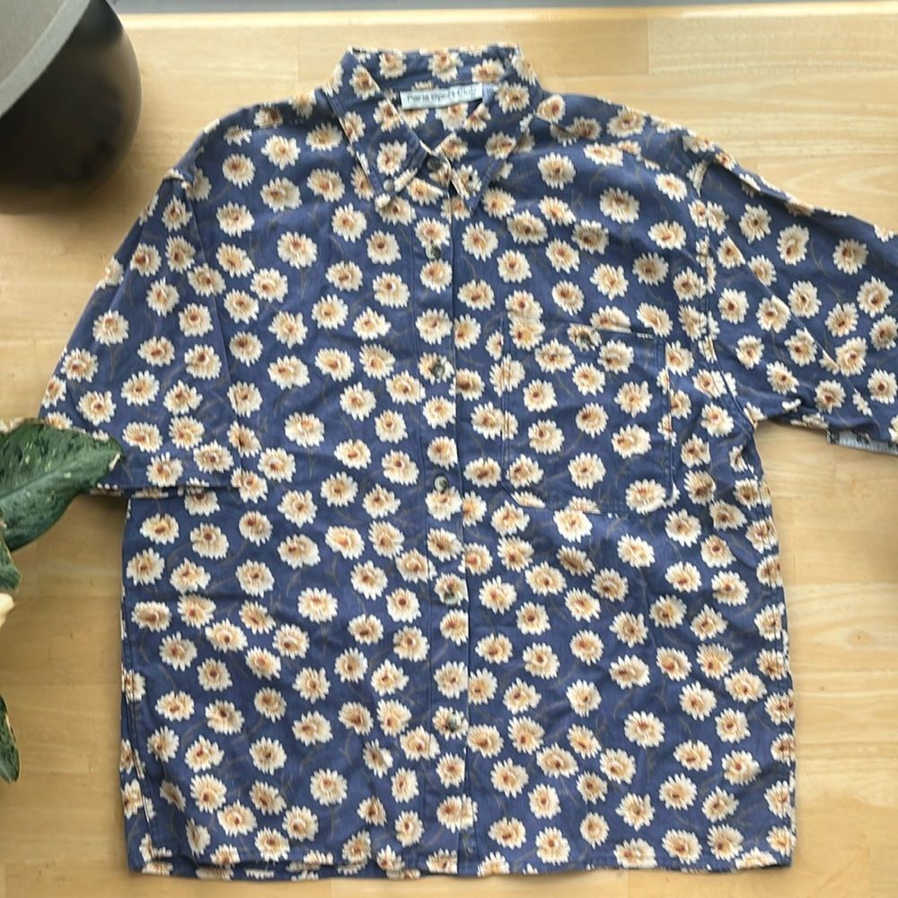 Vintage Sunflower Cotton Linen Blue Button Up